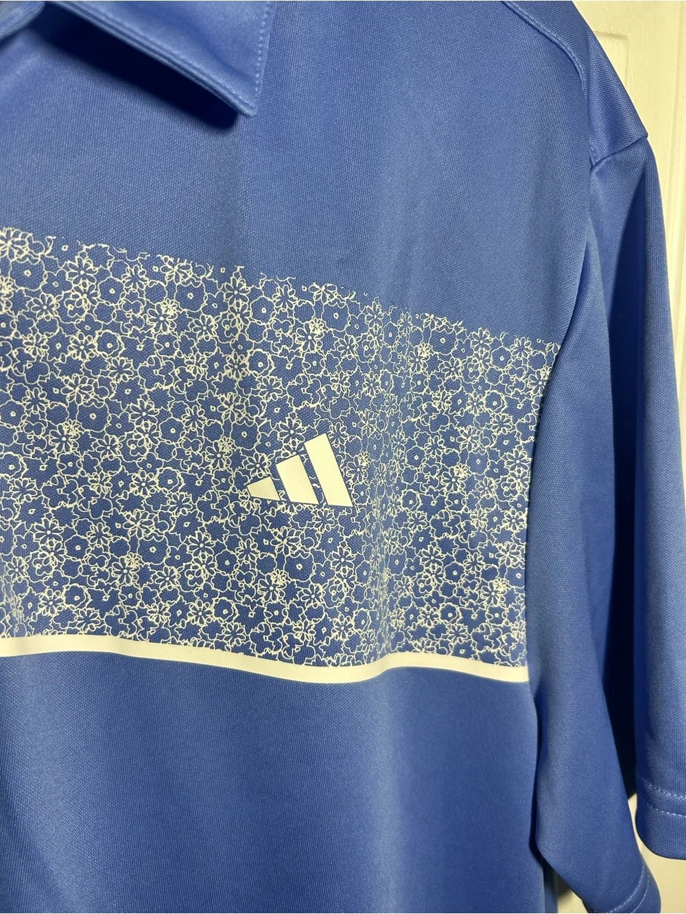 Adidas Men's Stretch Short Sleeve Chest Print Golf Polo Shirt Large Blue White